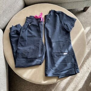 Figs Women's Navy Scrub Set with Pink Drawstring (PETITE pants)